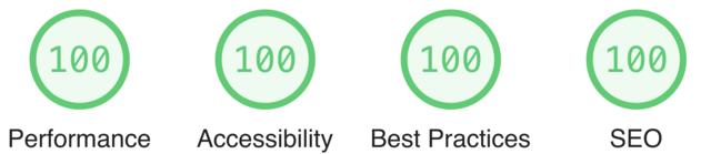 Screen capture from a Lighthouse CLI report showing perfect ”100” scores for “Performance,” “Accessibility,” “Best Practices,” and “SEO”