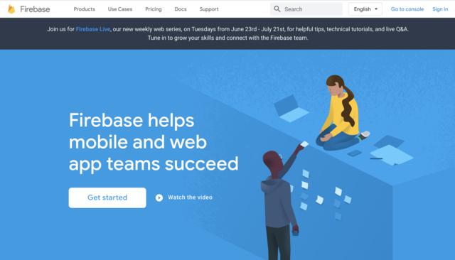 Screen capture of firebase.google.com home page as of 2020-07-01