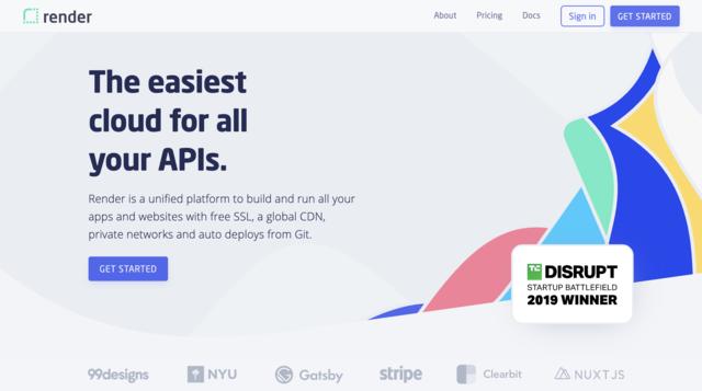 Screen capture of render.com home page as of 2020-07-01