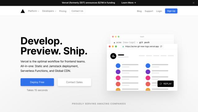 Screen capture of vercel.com home page as of 2020-07-01
