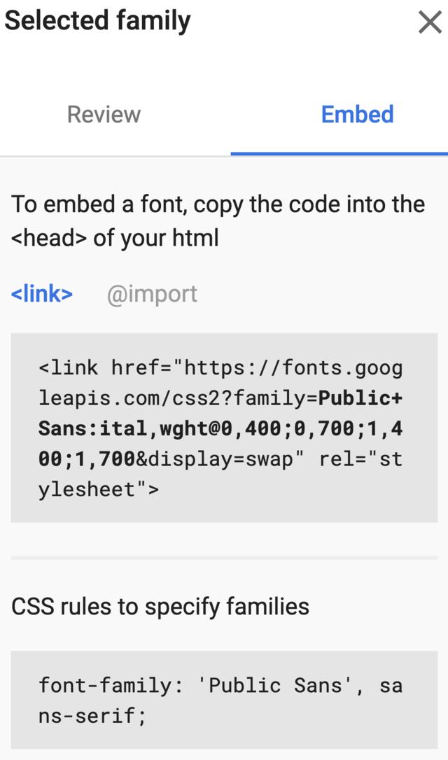 Screen capture from Google Fonts showing code for embedding Screen capture from Google Fonts showing code for embedding
