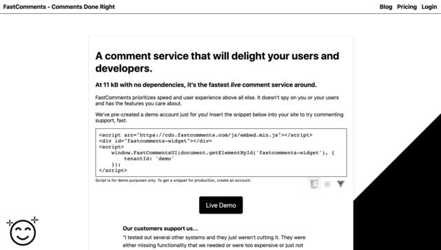 Screen capture of FastComments web page