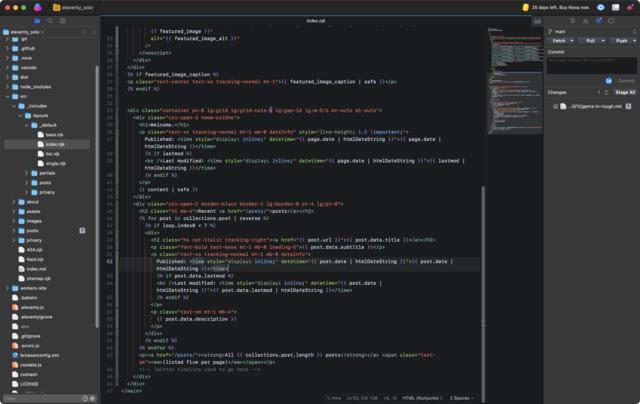 Screen shot of index.njk template in Nova code editor