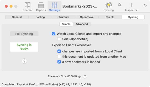 The “Syncing” tab for a collection file within the BookMacster app The “Syncing” tab for a collection file within the BookMacster app